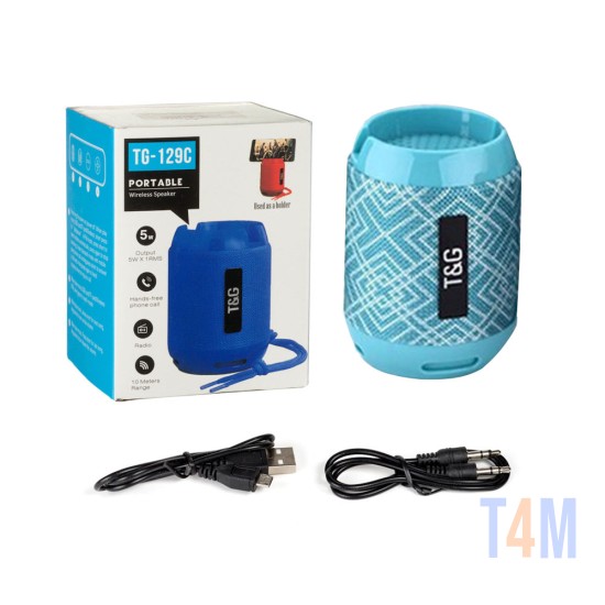 T&G MINI WATERPROOF WIRELESS BLUETOOTH SPEAKER TG-129C FM/TF/AUX/USB 400MAH SILVER BLUE